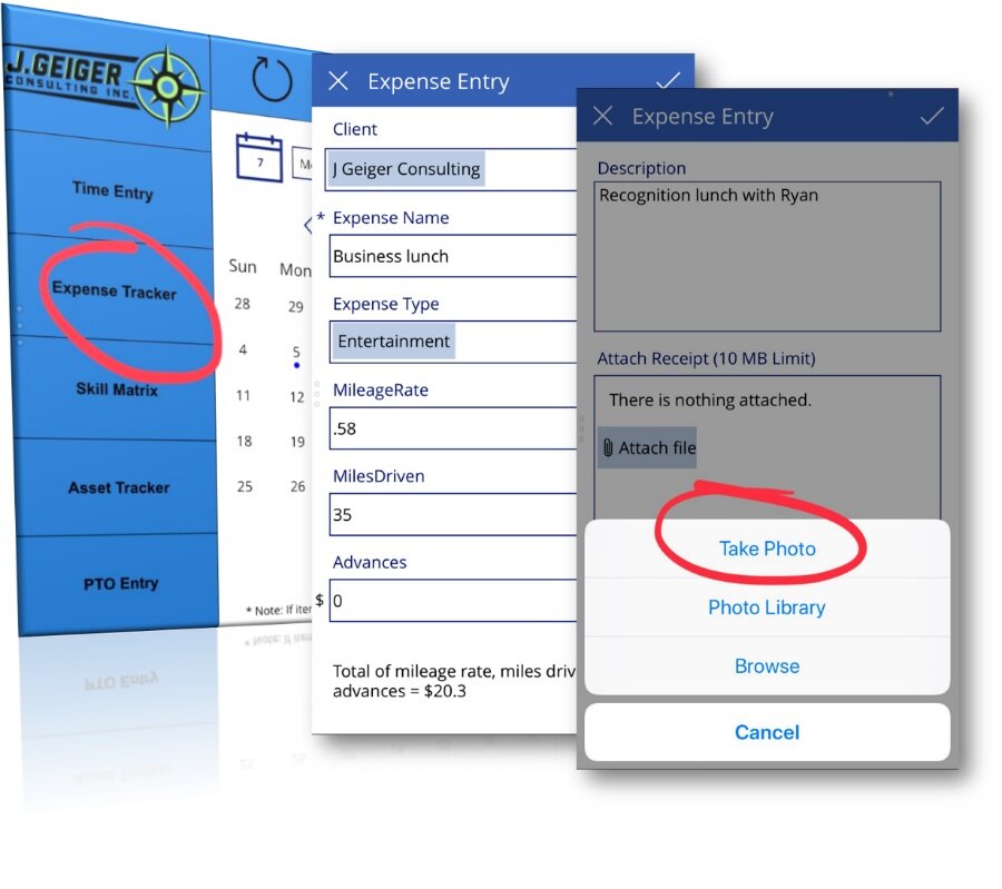 Example on mobile of our simple expense tracker with photo receipt capture.